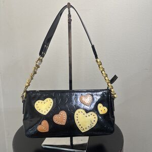 Vintage Lovcat Designer Black Patent Leather Hearts Shoulder Bag Purse Wallet